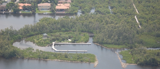 Picture taken from a helicopter of the boat basin at Ocean Ridge Natural Area