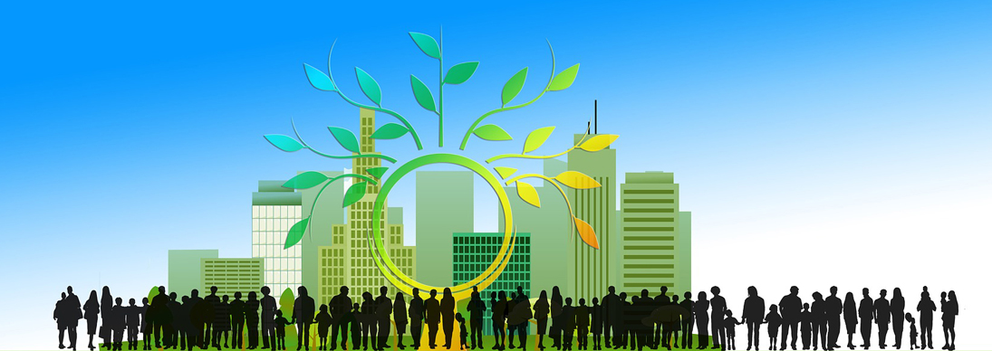 Artistic Graphic Showing People and Urbanization with an Environmentally Green Theme