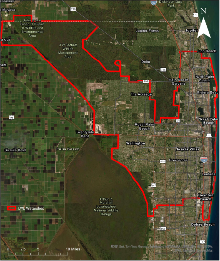 Map highlights the boundary of the Lake Worth Lagoon Watershed that encompasses over 305,000 acres of land from North Palm Beach south to Ocean Ridge and from Lake Okeechobee east to the Atlantic Ocean that drains surface water runoff into the C-17, C-51, and C-16 Drainage Canals operated by South Florida Water Management