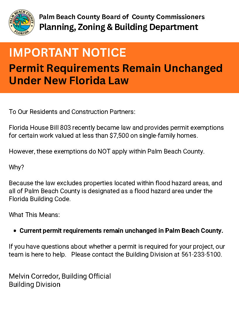 Building Division notice:HB 803 permit exemptions don't apply in Palm Beach County; current permit requirements remain in effect