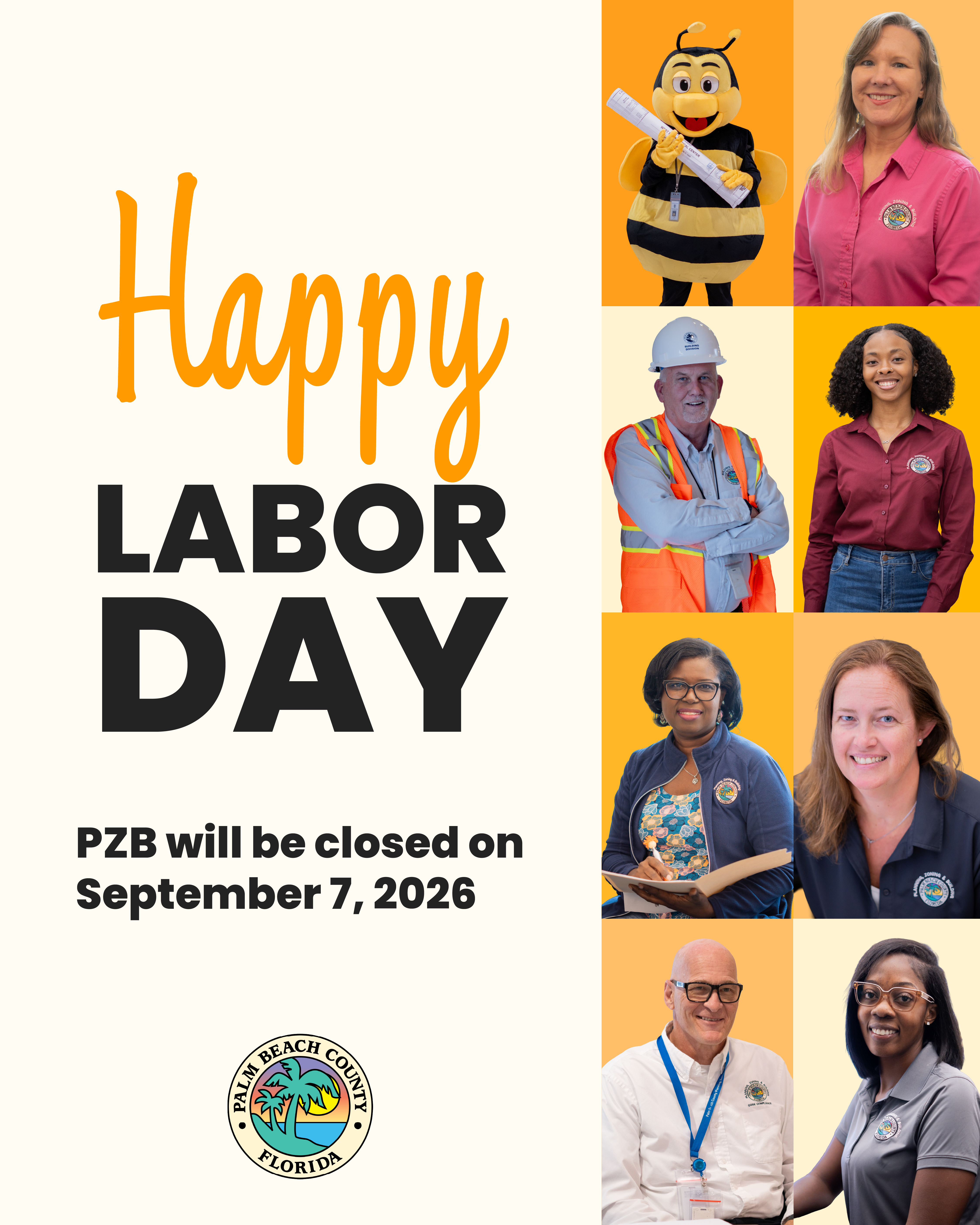 Happy Labor Day graphic featuring P.Z. Bee and PZB employees. Text states that PZB will be closed on September 7, 2026.