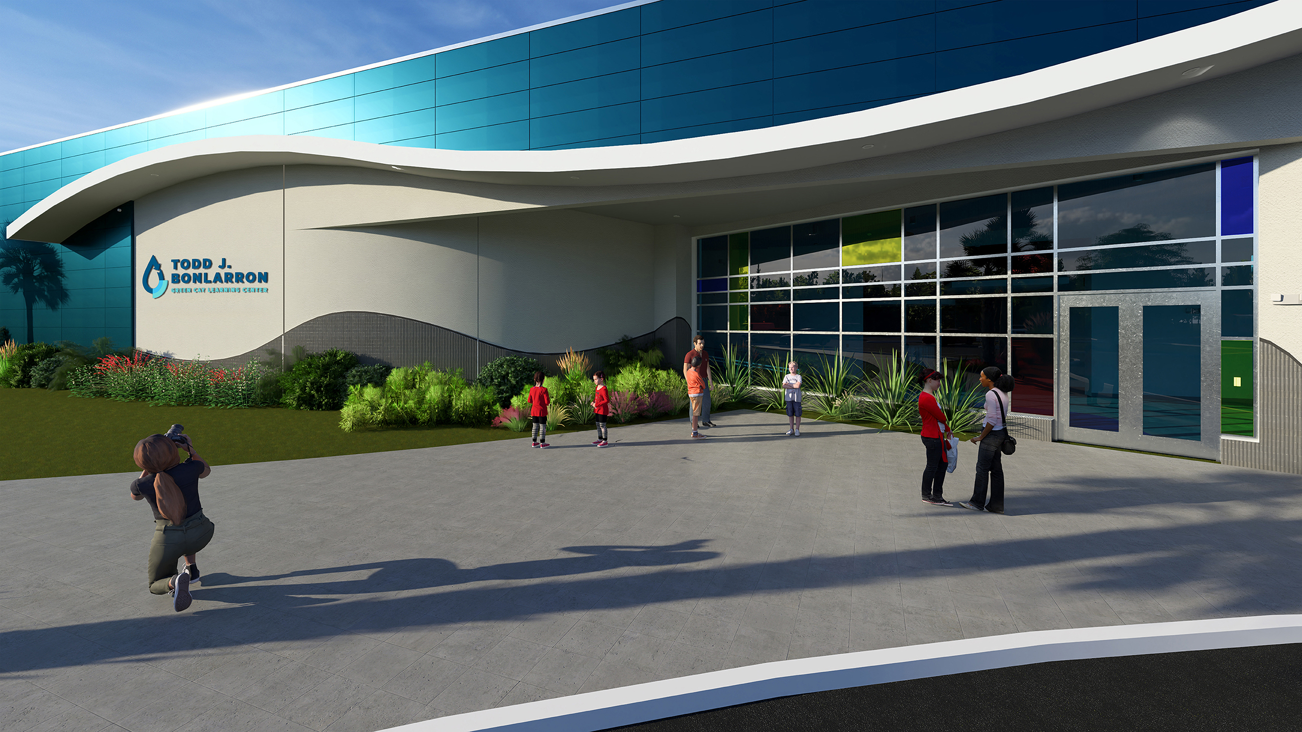 rendering showing a RECAP facade with a school bus in front of it