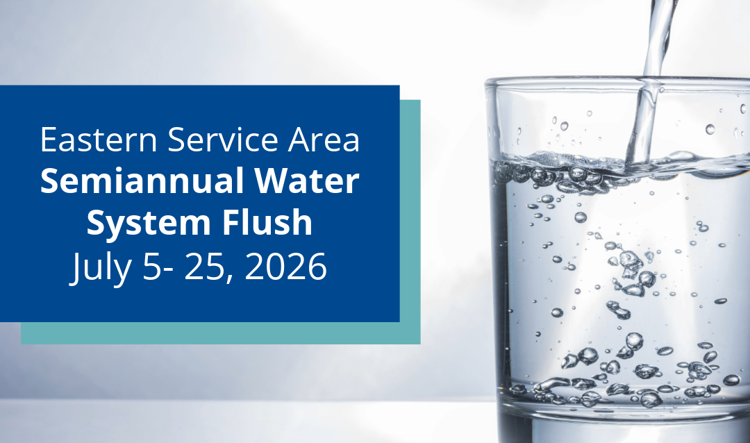 Water being poured into a glass with a graphic of July 2026 Chlorine Flush information.